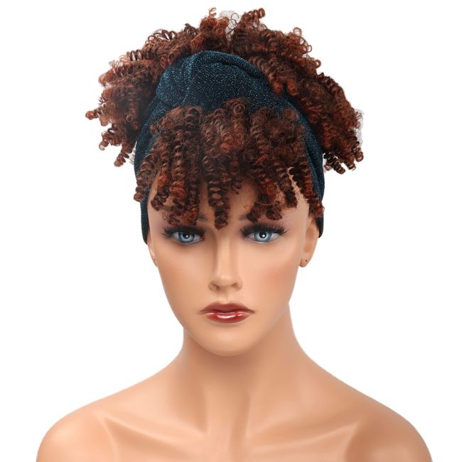 MEIRIYFA 10,2 cm kurze Afro Kinky Curly Perücken mit Pony Wrap Stirnband Perücken 2 in 1, synthetische Turban Perücke Afro Schal Perücke (Blauer Turban)