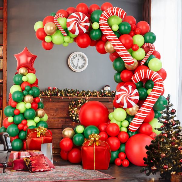 Bonropin Christmas Balloon Garland Arch kit with Xmas Red Gold Dark Green Balloon Fresh Green Balloon and Candy Balloons Gift Box Balloons Red Star Balloons Rich for Christmas Party Decorations