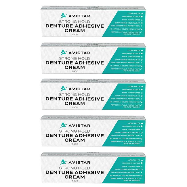 Extra Strong Denture Adhesive Cream, 12 Hour Hold Dental Glue, Waterproof, Zinc & Fluoride Free, Easy Apply Nozzle, Seals Food Out for Comfort, Mint Flavor (5 Pack, 7 Fl Oz)