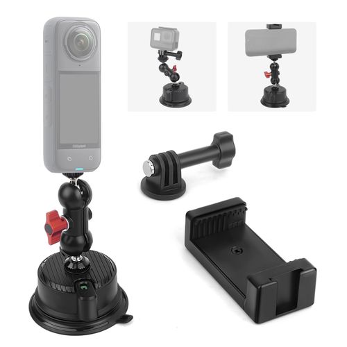 Mechrig Suction Cup Car Mount with Phone Holder,360°Adjustable for Action Cameras & Smartphones,Windshield,Dashboard,Boat Mount for GoPro Hero 13/12/11/10,DJI OSMO Action,Insta360 X4/X3,and More