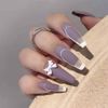 Bufenia 24Pcs French Translucent Fake Nails Coffin Ballerina Bow Tie False Nails Art Matte Frosted Press on Nails Long Glitter Stick on Nails for Women and Girls (B:Purple)