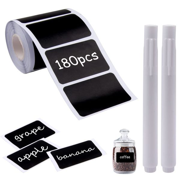 Chalkboard Labels, Sunallwell 180 PCS Waterproof Reusable Blackboard Stickers Kit with 1 White Chalk Pen for Kitchen Organize, Jars, Pantry Storage, Parties, Weddings(60 * 40 mm)