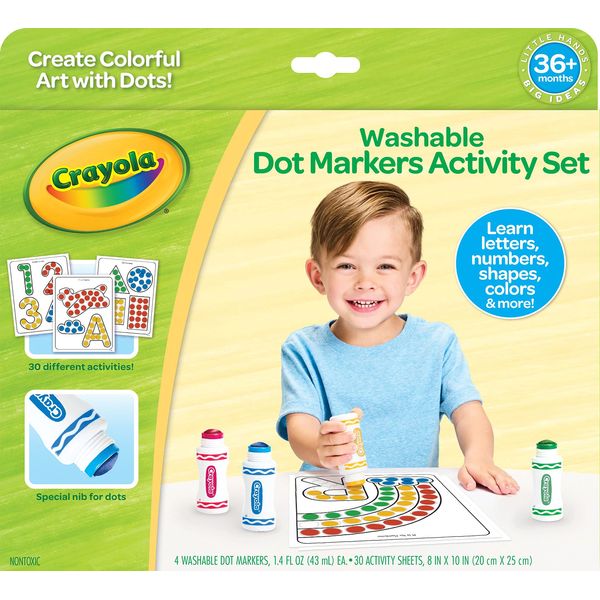 Crayola Washable Dot Markers Activity Set, 30 Toddler Coloring Pages & 4 Washable Markers, Dot Paints for Toddlers, Toddler Gifts, Ages 3+