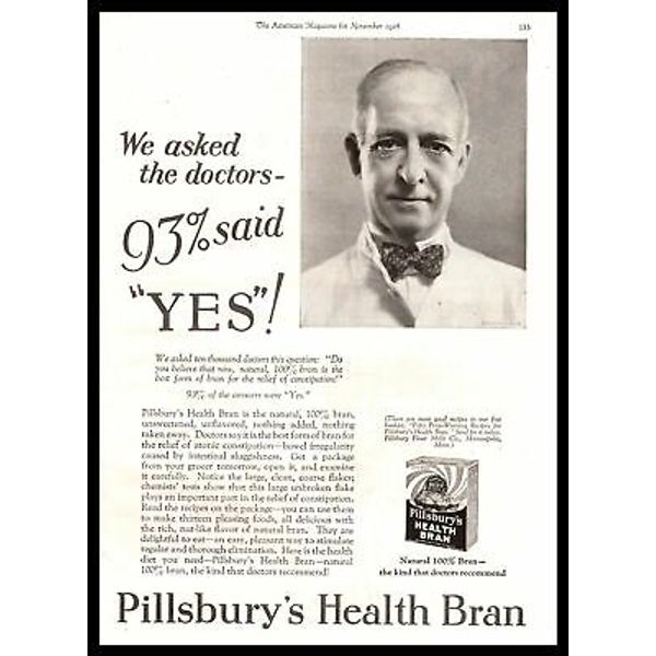 1928 Pillsbury's Health Bran Breakfast Cereal "93% Of Doctors Said Yes" Print Ad