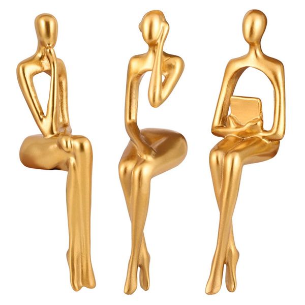 Jetcloud 3Pcs Thinker Statue Decor Modern Abstract Art Gold Figurines Resin Collectible Decorative Sculpture for Bookshelf Home Office Living Room Table Desktop