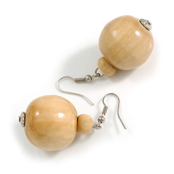 Natural Wood Bead Drop Earrings - 50mm Long