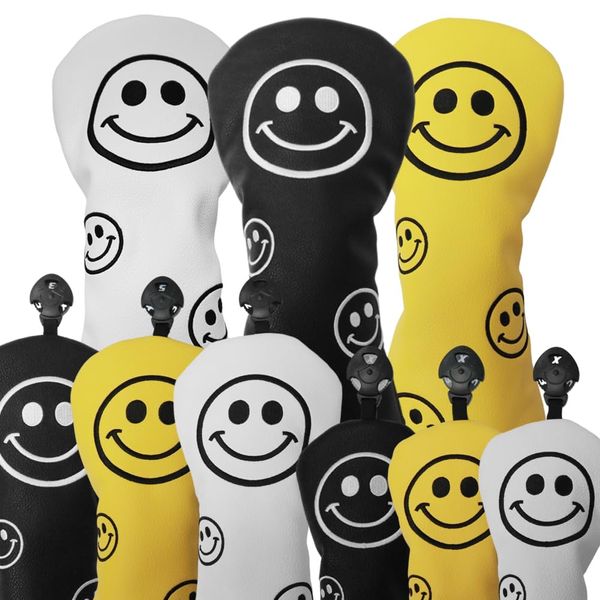 Premium PU Leather Golf Headcover Driver 440cc 460cc Wood Utility UT Cover Smile Black White Yellow 1pc (Wood, 1 Yellow)