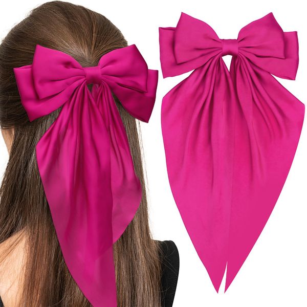 Ondder Hot Pink Hair Bows for Women Satin Bow Hair Clips Large Long Tail Bows for Hair Big Hair Bows Hair Clip Barrettes Long Ribbon Bows for Hair Satin Bow Aesthetic Hair Accessories for Women Girls