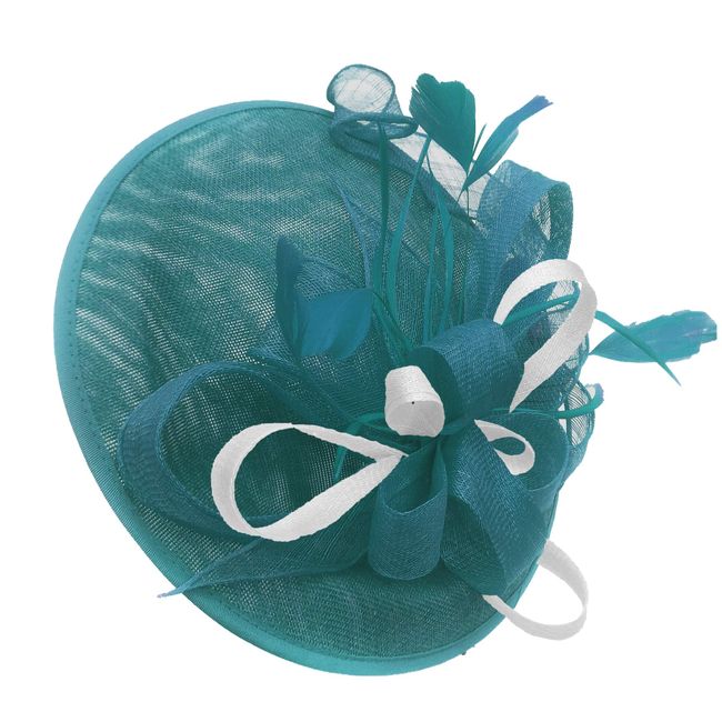 Caprilite Teal Turquoise and White Sinamay Big Disc Saucer Fascinator Hat for Women Weddings Headband