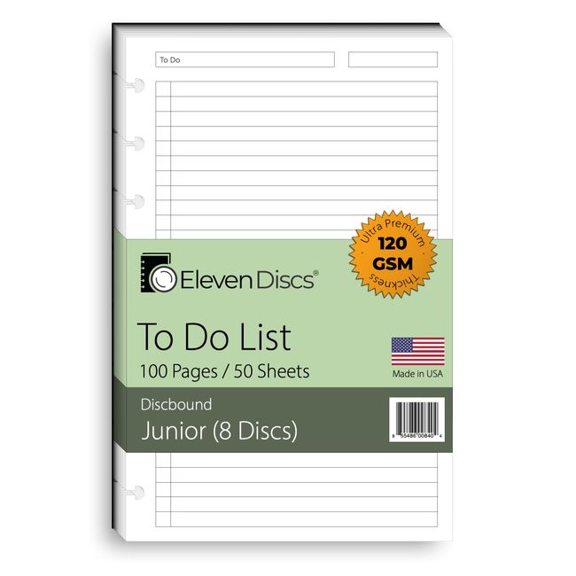 Eleven Discs Discbound Paper, Junior Size To Do List Sheets - Premium 120gsm Heavyweight Notebook & Planner Refills - 8 Discs, 5.5 x 8.5 in - Punched for Circa, Arc, TUL (50 Sheets)