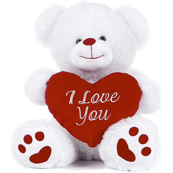 Paws White Teddy Bear holding Red Heart with I Love You written on it (White, 10")