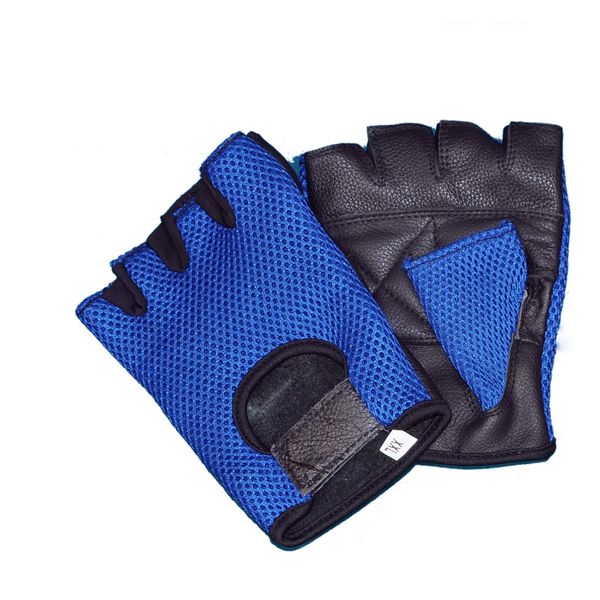 Prime Sports Leather MESH Fingerless Weight Lifting Exercise Gym Wheelchair Gloves Black/Blue WLG-021 (Large)