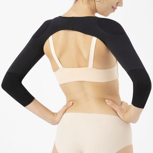 BePit 52 Women's Body Shaper, Back Correction, Integrated Arms, 3D Braided Fabric, Wave Treatment, For Second Arms, Tightening, Lower Arms, Improves Posture, Prevents Cold & Cold Protection, Body Shaping, Beautiful Pit (Black, L to LL, Bicep Circumference