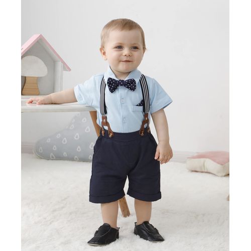 YUEMION Infant Baby Boy Clothes Gentleman Outfits Suits Summer Short Sleeve Bowtie Bodysuit Shirts + Suspender Shorts(Blue,6-9M)