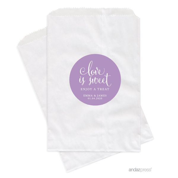 Andaz Press Personalized Dessert Table Party Favor Bags, Love is Sweet Enjoy a Treat, Lavender, 24-Pack, Custom For Wedding Engagement Bridal Shower Candy Buffet Treat Bags