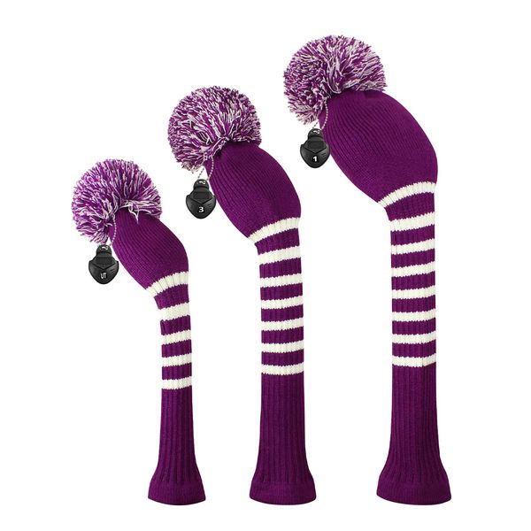 Scott Edward Stripes Style Knitted Golf Club Head Covers Set of 3, fit for Driver Wood(460cc), Fairway Wood, Hybrid(UT), for Men/Women Golfers, Individualized Looking and Washable (Purple)