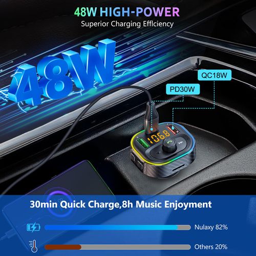 SETHDA FM Transmitter Bluetooth Car Adapter, Fast Charging 48W (PD30W & 18W), Dual Mics & HiFi Deep Bass Sound, QC3.0 USB C Car Charger Adapter, Wireless Radio Receiver - T86 Black