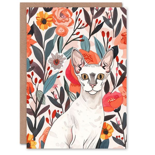 White Devon Rex Cat Lover Floral Pet Portrait Birthday Card