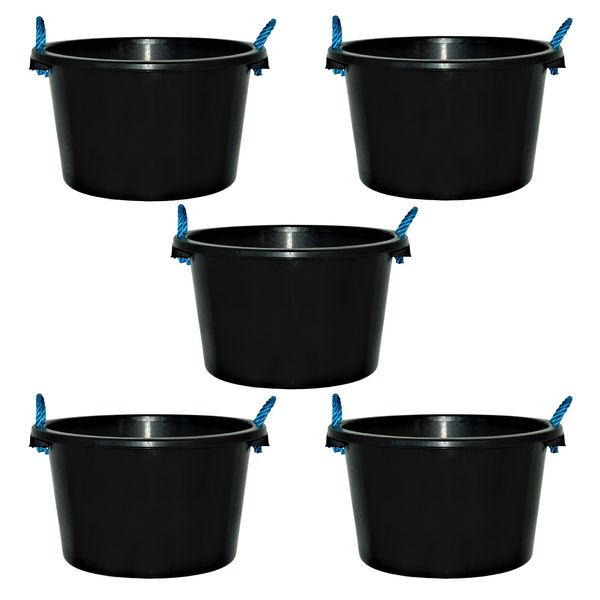 5X Black 45L Litre Bucket with Blue Rope Handles Multipurpose Builders Cement Mixing Bucket Muck Water Toy Tub For Home and Garden.