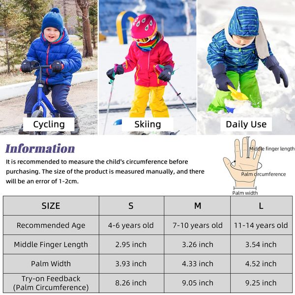 QKURT Kids Ski Gloves, Children's Winter Warm Gloves Windproof Snow Mittens Girls Boys Cold Weather Gloves Sledding Mittens Snowboard Gloves Skating Mittens for 4~14 Years Old Kids