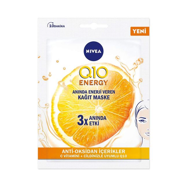 NIVEA Q10 Energy Anında Enerji Veren Kağıt Yüz Maskesi 1 Adet, C Vitamini İçeriği ile Anti Oksidan, Kırışıklıkları Azaltır