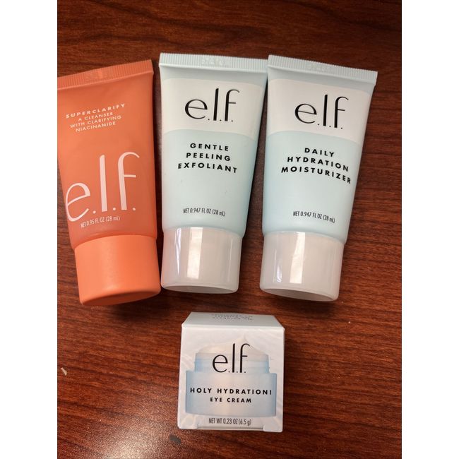 E.L.f. 4 piece set gentle peeling exfoliant,superclarify,daily moisturizer,eye