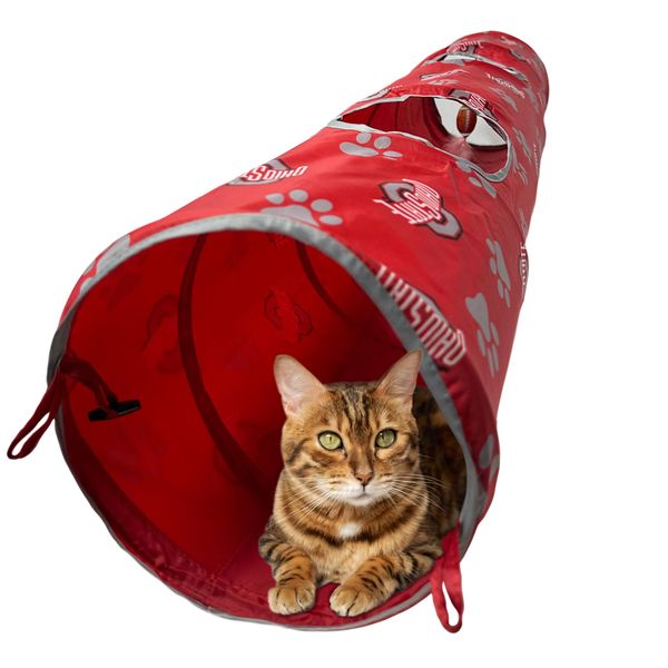 NCAA Ohio State Buckeyes Cat Tunnel Tube Toy with Plush Football Catnip and Feathers