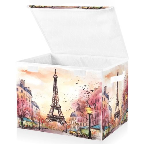xigua Watercolor Paris Storage Bins with Lids and Carrying Handle,Foldable Storage Boxes Organizer Containers Baskets Cube with Cover for Home Bedroom Closet Office Nursery