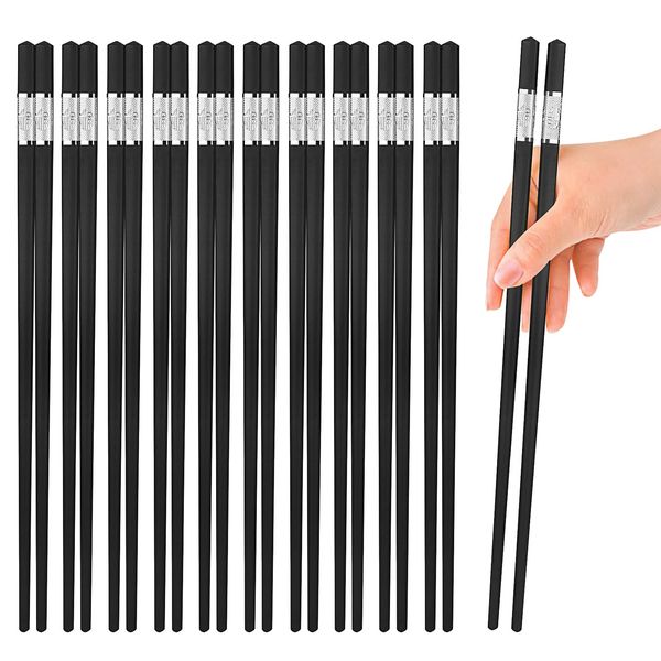 10 Pairs Premium Fiberglass Chopsticks for Asian Dishes Sushi Ramen, Reusable Chopstick Gift Set Dishwasher Safe, Japanese Chinese Non-Slip Chop Sticks Black and Silver Color, 9.4-Inch Length