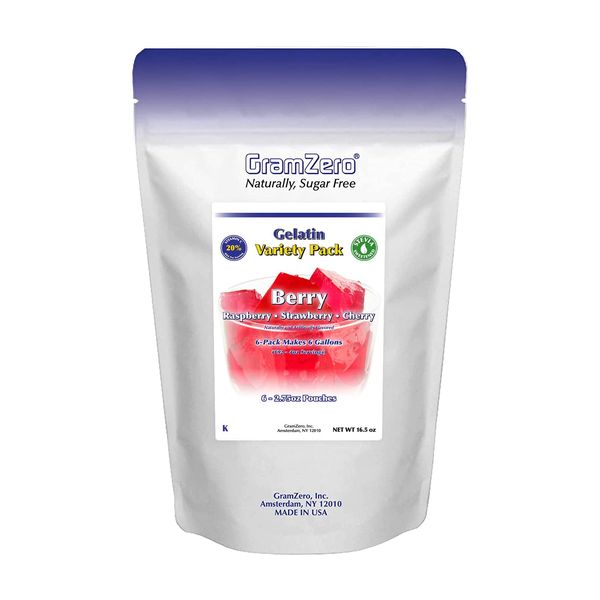 GramZero Berry Variety (Raspberry, Strawberry, Cherry) Sugar Free Gelatin Mix 6-Pack, Low Carb Dessert, Stevia Sweetened