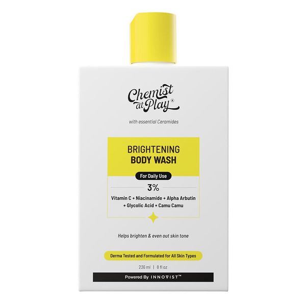 Chemist at Play Brightening Body Wash | Glowing Skin Vitamin C Bodywash | Helps to Reduce Fades Dark Spots, Evens out Skin Tone | Alpha Arbutin | 30X Vitamin C with Camu Camu | For Women & Men | 236ml