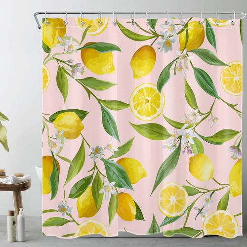 AUEEA Nature Plant Fruit Shower Curtain for Bathroom Yellow Lemon with White Flower Green Leaf on Pink Bathroom Shower Curtains with Hooks, Country Bathroom Curtains Shower Set 72x72 inch