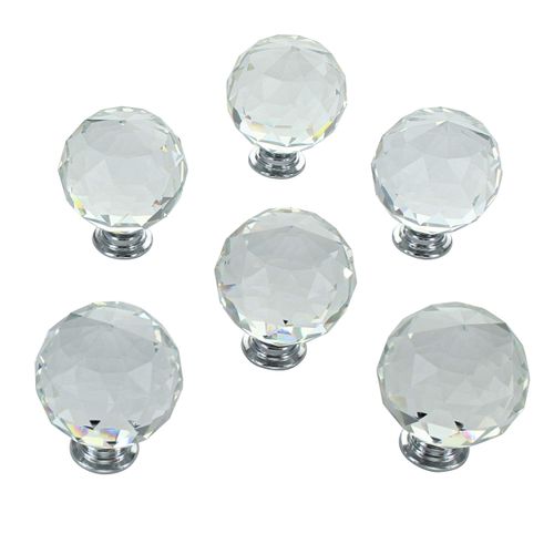 G Decor Clear Round Crystal Glass and Chrome Door Knobs Set, Vintage, Shabby Chic, Interior Furniture, Kitchen Bathroom Bedroom Accessories, Cabinet Cupboard Drawers Pulls Handles, 40mm (6-Pack)