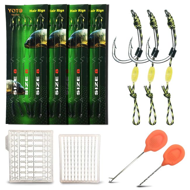 YOTO Carp Fishing Hair Rigs - 24Pcs High Carbon Steel Curved Barbed Carp Hook Swivel Boilies Fishing Rigs with Braided Thread Line Rolling Carp Fishing Accessories