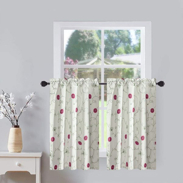 VOGOL Short Tier Curtains for Kitchen Bathroom, Pink Flower Embroidered White Linen Curtain Tiers Rod Pocket Small Curtains for Cafe, 30 x 36 Inch, 2 Panels