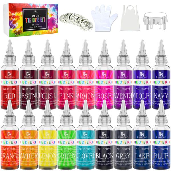 Tie Dye Kit - 18 Colour Fabric Tie Dye Kits for DIY Textile Paint Craft Art - All-in-1 Tye Dye Colour Powder Set for Shirt, Clothes Painting, Party Supplies, Adults and Kids Handmade Projects