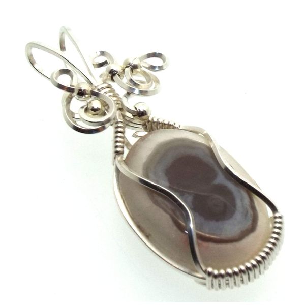Rare Agate Quartz Eye Gemstone Silver Plated Wire Wrapped Pendant