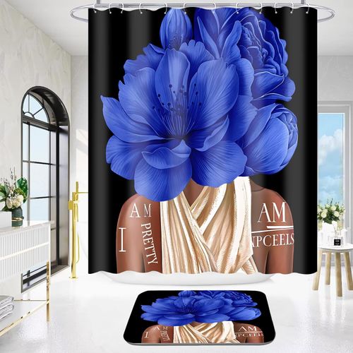 Yddsky 4 Pcs Blue Girl Shower Curtain Sets African American Woman Rose Floral Quotes Non-Slip Rugs Bath Mat Toilet Cover U Shaped Mat Shower Curtain with 12 Hooks Bathroom Set