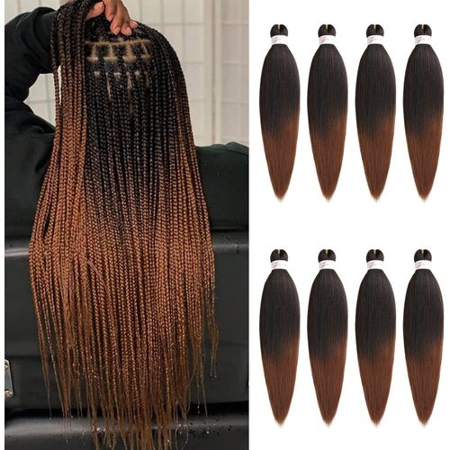 Xtrend 8 Packs 20 Inch Ombre Brown EZ Braiding Hair Extensions Pre Stretched for Box Braids Yaki Straight Kanekalon Fibre Pre Stretched Crochet Braiding Hair Extensions T30#