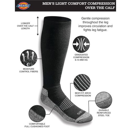 Dickies Men's Light Compression Comfort Over-The-Calf Socks, Available in M-XXL (2, 4, Black (2 Pairs), Shoe Size: 12-15