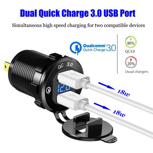 YONHAN 12V USB Outlet Quick Charge 3.0 Dual Charger Socket, USB Cigarette Lighter Socket with LED Voltmeter, Waterproof Aluminum Car Charger Adapter DIY Kit for Car Marine Truck Golf Cart RV, etc.
