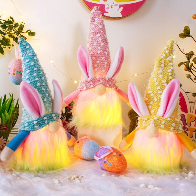 HLJS 3 Stück Ostern Wichtel Frühlingsdeko Wichtel mit Led, Handgemachte Plüsch Osterhase Zwerg, Osterhasen Puppen für Osterdekoration, Tisch Dekoration Ostern Festliche Geschenk