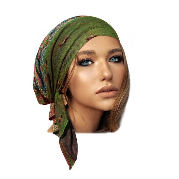 Olive Green Headscarf Cashmere Headwear for Women Tichel Super Soft Headcovering Head cover Head wear Pre tied Bandana Ethnic Print Collection (Forest green short - 309)