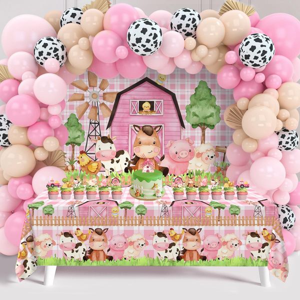 Farm Animal Themed Party Decoration for Girl,Farm Barn Animals Backdrop Banner Farmhouse Animals Decor Party Tablecloth Balloon Arch Garland Kit for Birthday Photography Baby Shower Party Supplies