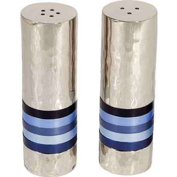 Yair Emanuel Hammered Nickel Salt and Pepper Shaker Set- Shades of Blue Rings (SAB-2)