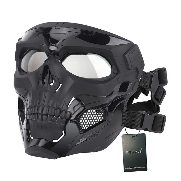 WISEONUS Airsoft Mask Tactical Paintball Skull Mask Eye Protective Gear Full Face Mask for Halloween Hunting CS Wargame (Black)