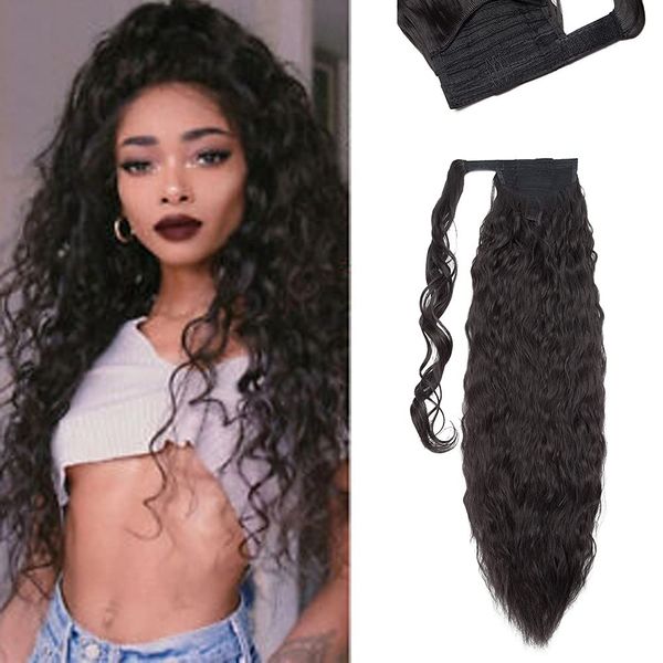 SEGO Corn Wave Ponytail Magic Paste One Piece Curly Wrap Around Ponytail Hair Extension Long Fluffy Synthetic Ponytail [26 Inch, 110g] - Natural Black