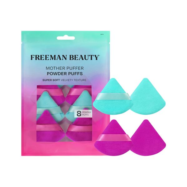 Freeman Mother Puffer Powder Puff 8 Count Set, Makeup Puffs For Pressed or Loose Powder, Velvet Material, Cloud Skin, Triangle Powder Puffs With Finger Band For Setting & Baking, Vegan & Cruelty-Free