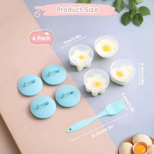 Teeloray Egg Poacher Cups, 4 Pcs Poached Egg Cooker with Lid and Oil Brush Egg Coddler 4 Shapes Reusable Egg Molds, BPA Free Nonstick Egg Poaching Cups for Boiled Eggs Without Shell, Blue