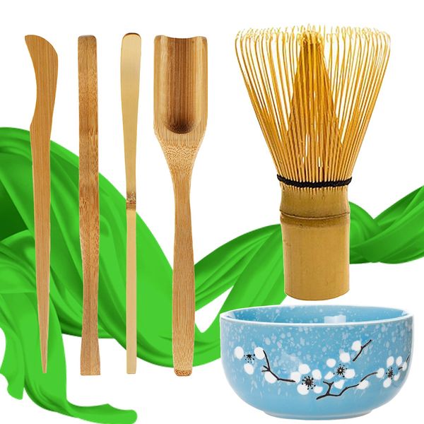 1 Matcha Whisk Set of 6 Brush Whisk (Chasen)+Traditional Scoop (Chashaku)+Tea Spoon+Ceramic Bowl+Tea Needles+Tea Hold,Green Tea Bamboo Preparing Tool for Making Matcha